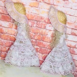 Vintage Handmade Lace Tiered Victorian Broomstick Doll Wall Hangings